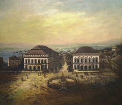 Pintura com a antiga Casa da Câmara (d), que ficava ao lado do Theatro São Pedro.(Foto: Acervo Memorial/CMPA)