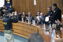 Presidente Hamilton Sossmeier (PTB) durante cerimônia de posse do superintendente da Polícia Rodoviária Federal (PRF) do Rio Grande do Sul , Anderson dos Santos