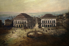 Pintura representando a Praça da Matriz no século XIX, com o prédio da Câmara Municipal à direita, ao lado do Theatro São Pedro. A construção da Casa da Câmara foi concluída na década de 1860, onde o legislativo ficou sediado até início do século XX.