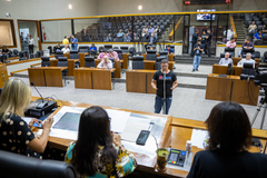 No microfone, o morador da Restinga, André Luiz da Rosa Trindade, participou da oitiva. Na mesa, da esquerda pra direita, a vice-presidente, a presidente e a relatora da CPI