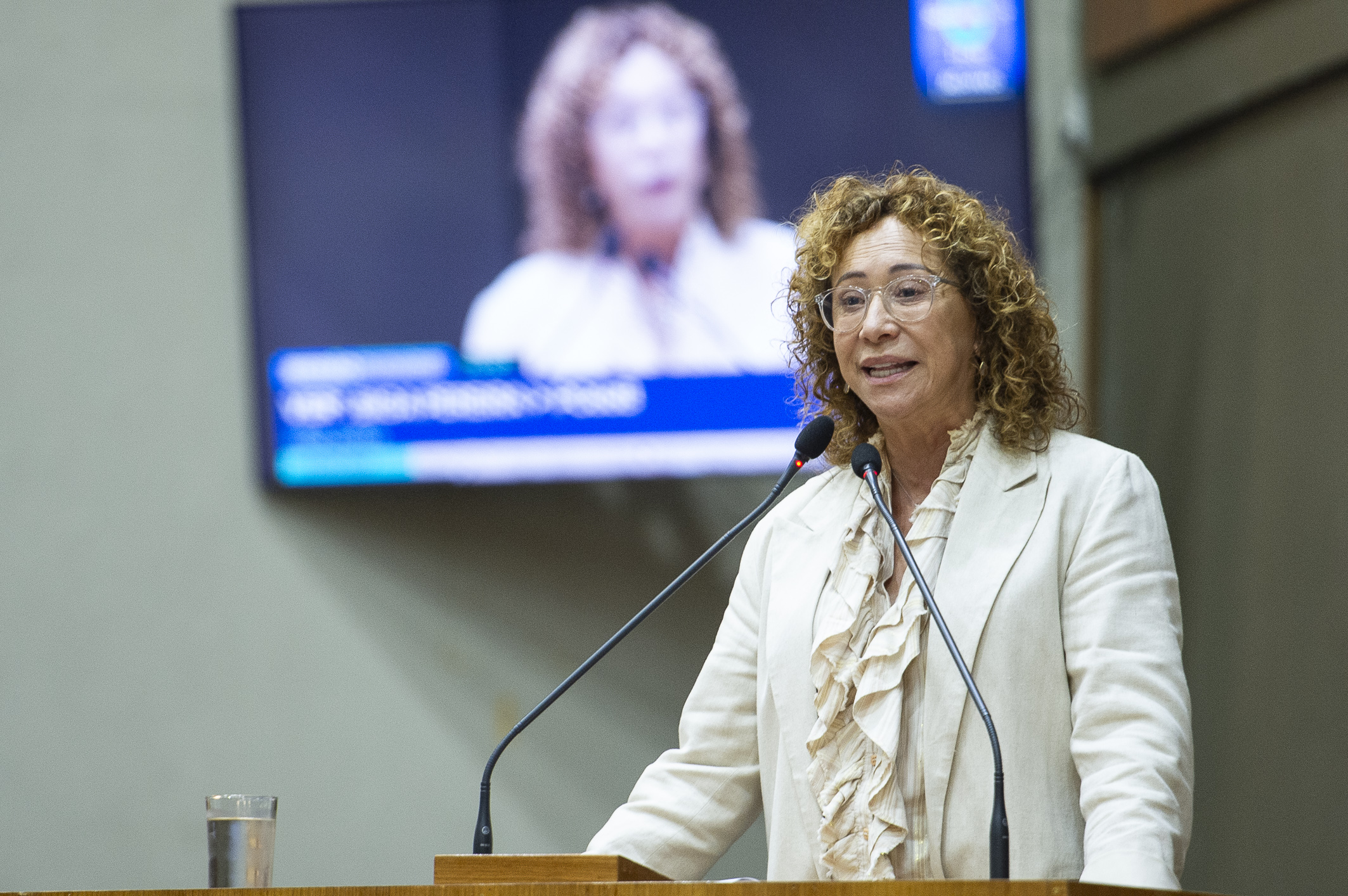 Movimentação de plenário. Na tribuna, a vereadora Biga Pereira