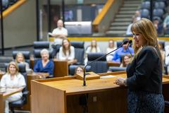 Sessão Solene de outorga do Título de Cidadã de Porto Alegre à senhora Flavia Maria Cabeleira Alvarez. A homenagem foi proposta pela vereadora Mari Pimentel e teve a vereadora Monica Leal como presidente.