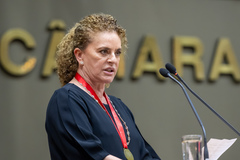 Sessão Solene de outorga do Título de Cidadã de Porto Alegre à senhora Flavia Maria Cabeleira Alvarez. A homenagem foi proposta pela vereadora Mari Pimentel e teve a vereadora Monica Leal como presidente.